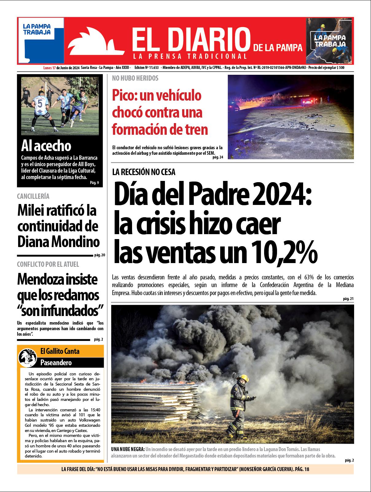 Tapa de El Diario en papel  lunes 17 de junio de 2024